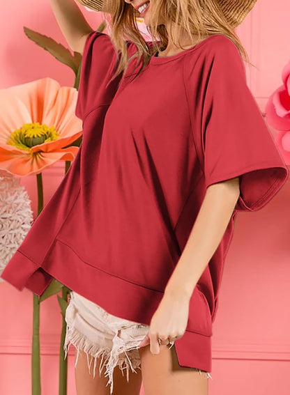 Crewneck Short Sleeve Casual Summer Tops Lightweight Loose High Low Blouse