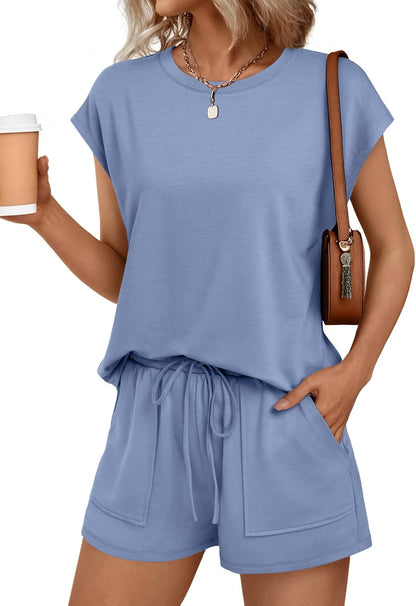Womens Crew Neck Two Piece short Sets Cap Sleeve Drawstring Sweatsuit with Pocket