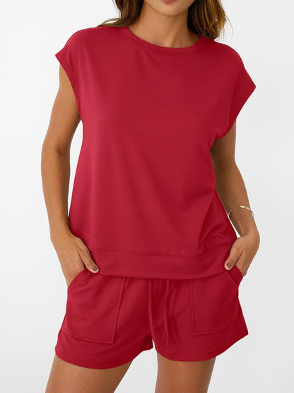 Womens Crew Neck Two Piece short Sets Cap Sleeve Drawstring Sweatsuit with Pocket