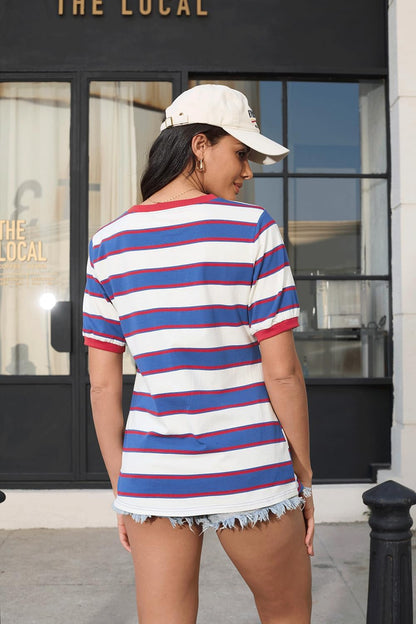 Womens Tops Cotton Casual Color Block Striped Short Sleeve Shirts Crewneck T Shirts
