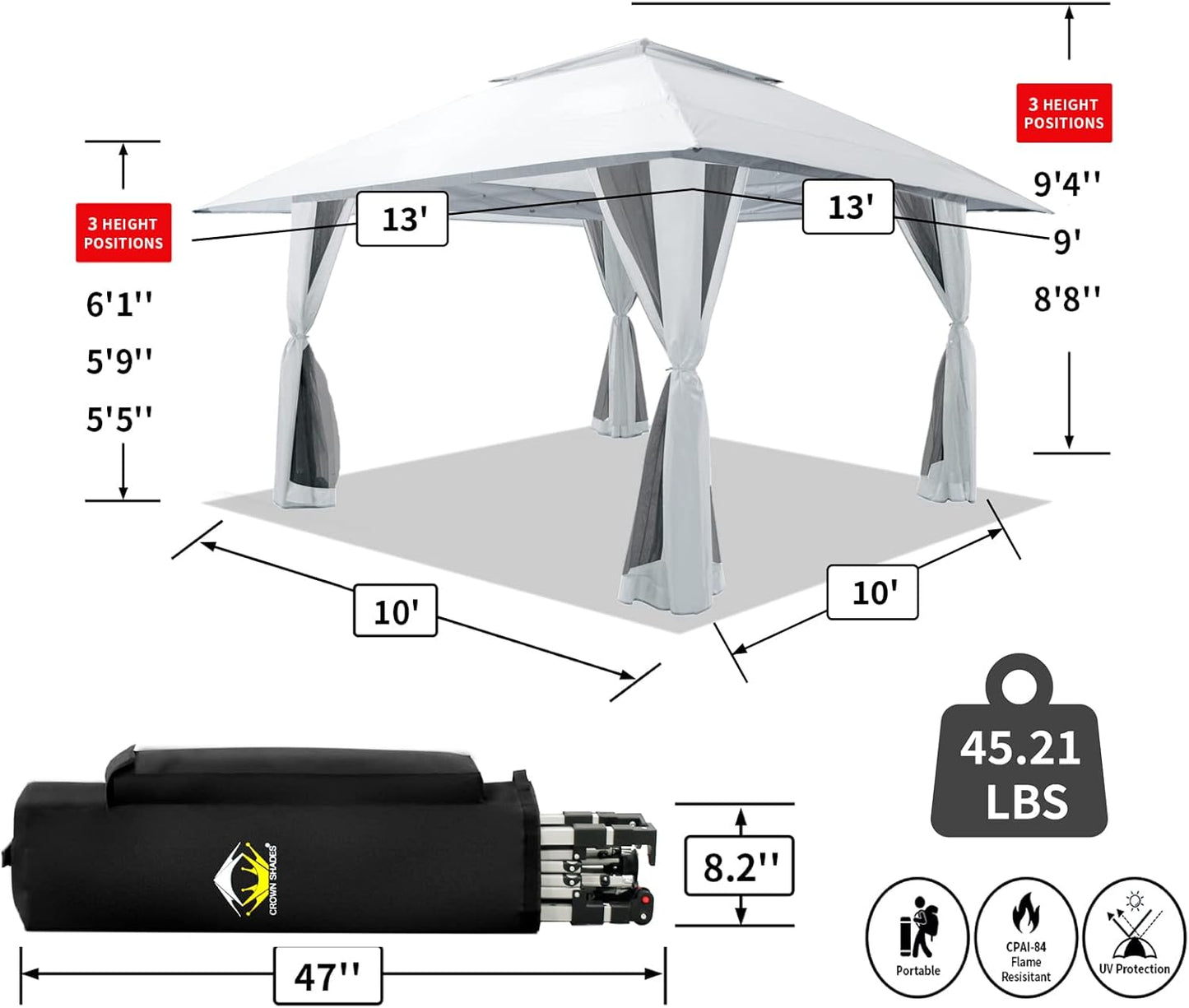 13x13 Pop Up Gazebo Canopy Tent with Wheeled Storage Bag Grey