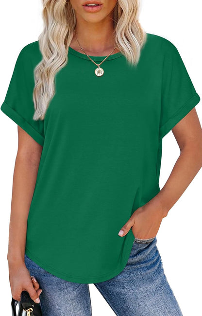 Womens T Shirts Crew Neck Rolled Short Sleeve Basic Summer Tees Curved Hem
