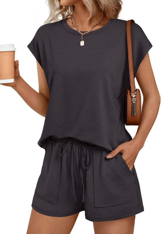 Womens Crew Neck Two Piece short Sets Cap Sleeve Drawstring Sweatsuit with Pocket