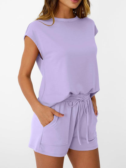 Womens Crew Neck Two Piece short Sets Cap Sleeve Drawstring Sweatsuit with Pocket