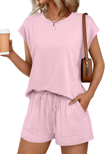 Womens Crew Neck Two Piece short Sets Cap Sleeve Drawstring Sweatsuit with Pocket