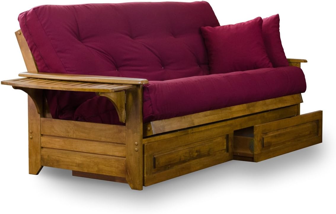 Full Size Wood Futon Frame with Tray Arms and Drawers