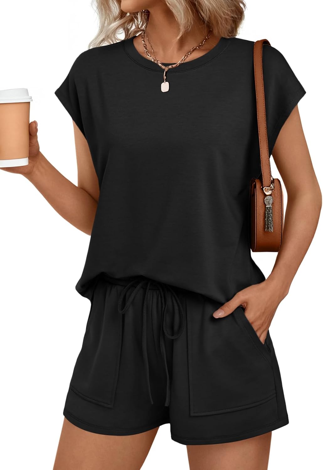 Womens Crew Neck Two Piece short Sets Cap Sleeve Drawstring Sweatsuit with Pocket