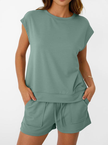 Womens Crew Neck Two Piece short Sets Cap Sleeve Drawstring Sweatsuit with Pocket