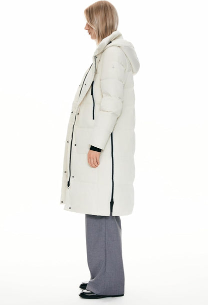 Womens Thickened Long Down Jacket Hooded Winter Puffer Coat with Side Zipper