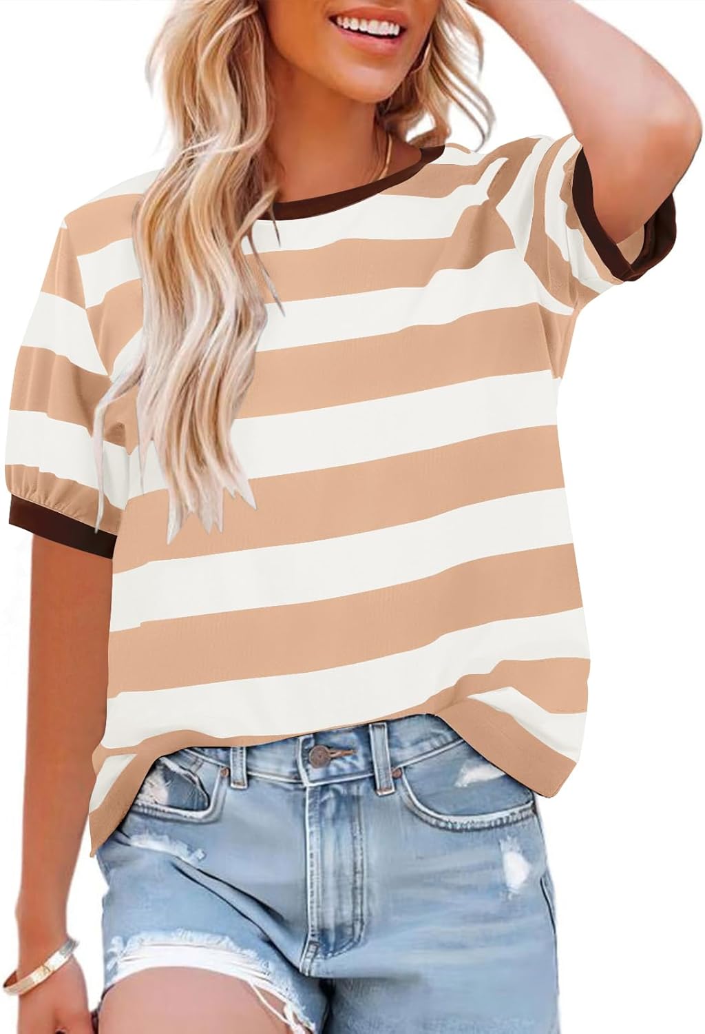 Womens Tops Cotton Casual Color Block Striped Short Sleeve Shirts Crewneck T Shirts