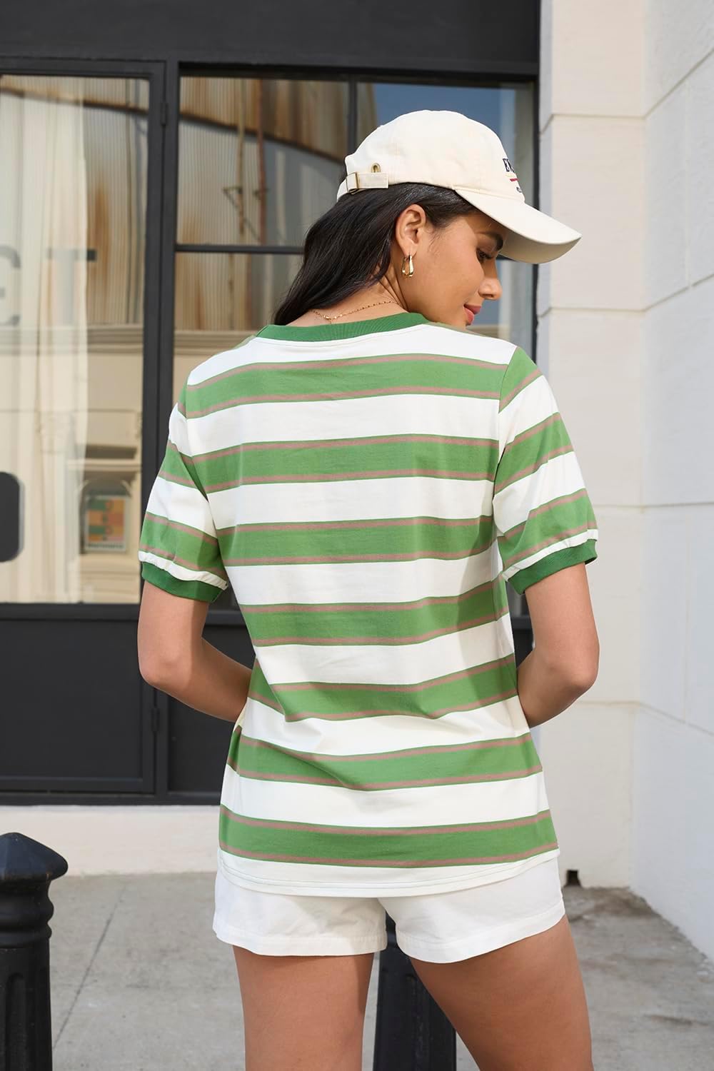 Womens Tops Cotton Casual Color Block Striped Short Sleeve Shirts Crewneck T Shirts