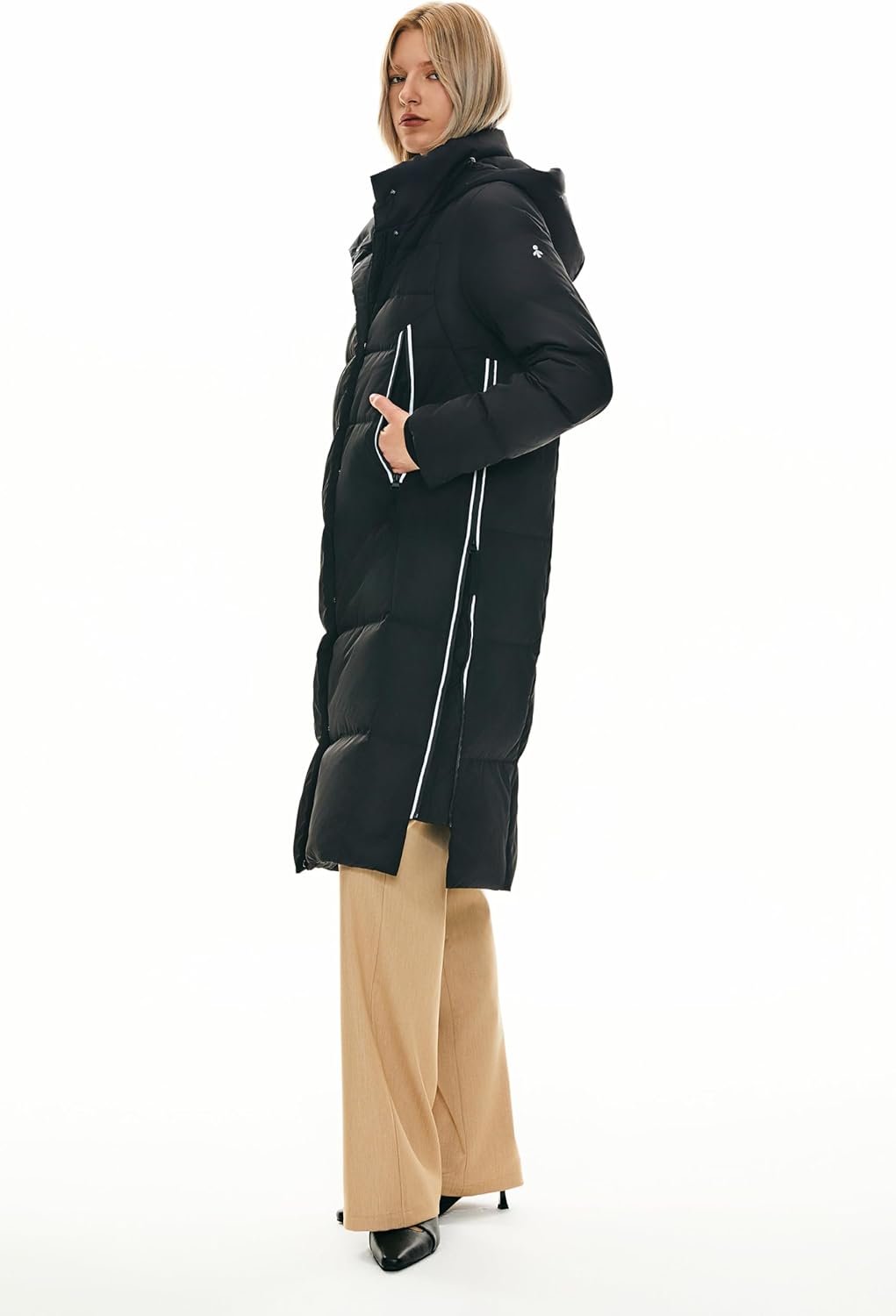 Womens Thickened Long Down Jacket Hooded Winter Puffer Coat with Side Zipper