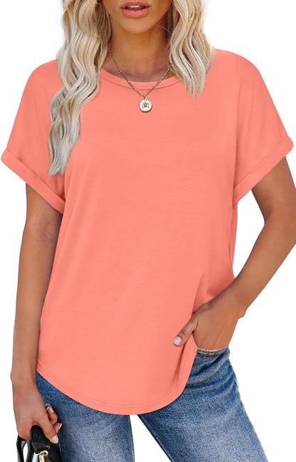 Womens T Shirts Crew Neck Rolled Short Sleeve Basic Summer Tees Curved Hem