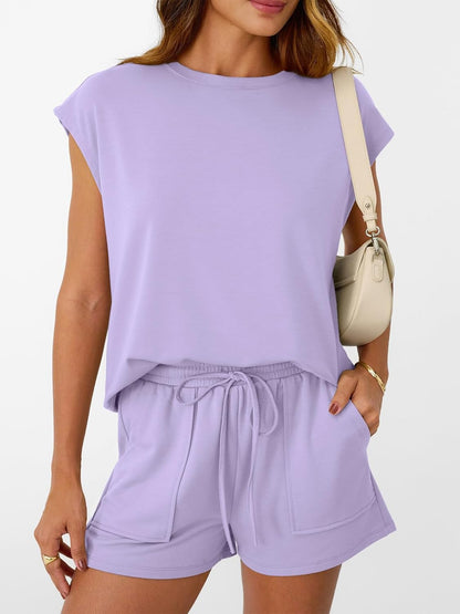 Womens Crew Neck Two Piece short Sets Cap Sleeve Drawstring Sweatsuit with Pocket