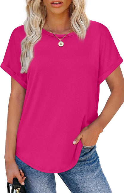 Womens T Shirts Crew Neck Rolled Short Sleeve Basic Summer Tees Curved Hem