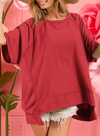 Crewneck Short Sleeve Casual Summer Tops Lightweight Loose High Low Blouse