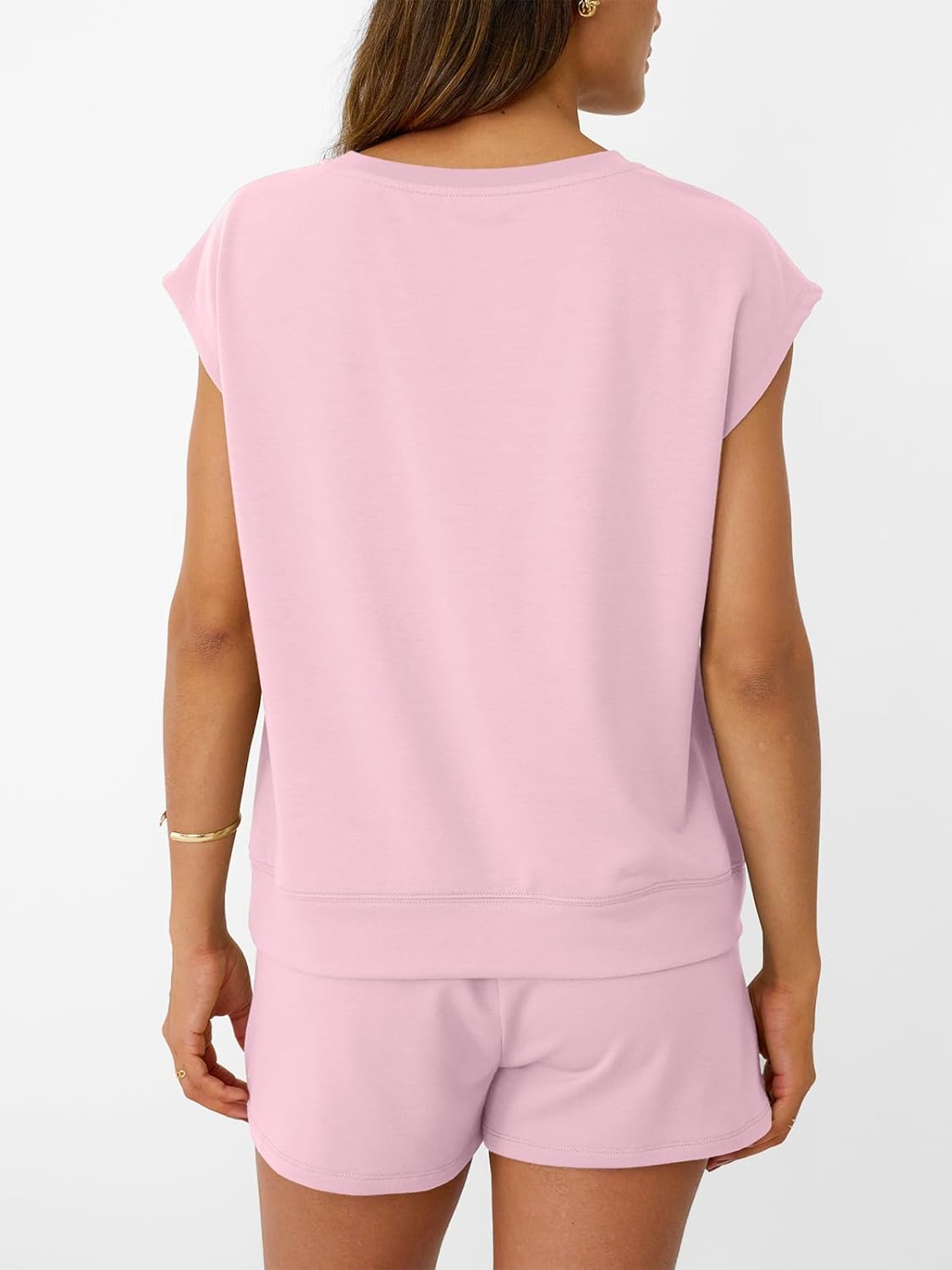 Womens Crew Neck Two Piece short Sets Cap Sleeve Drawstring Sweatsuit with Pocket