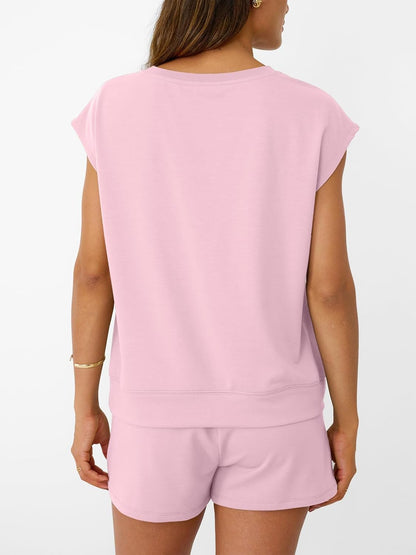 Womens Crew Neck Two Piece short Sets Cap Sleeve Drawstring Sweatsuit with Pocket