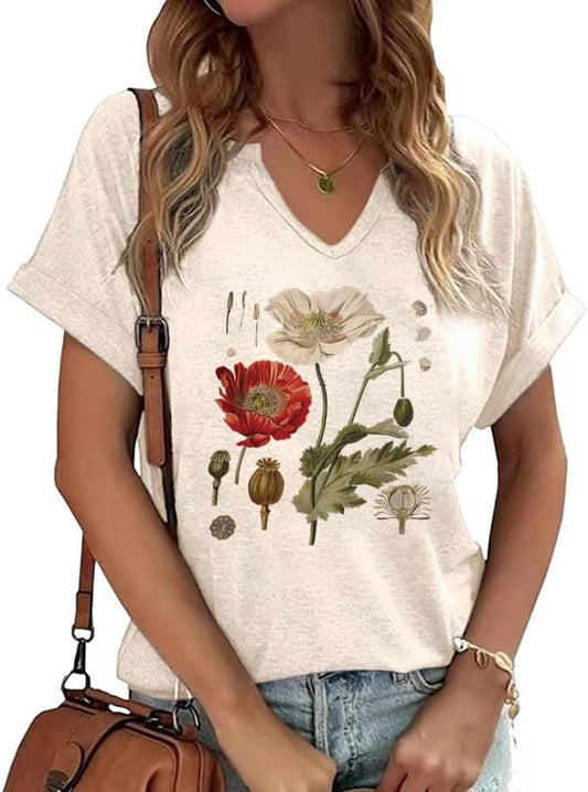 Womens Flowers V Neck Shirt Vintage Boho Floral Wildflowers Graphic Tees