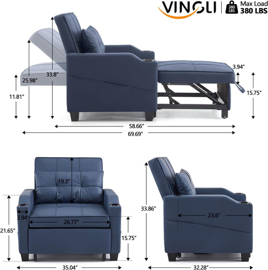 3 in 1 Sleeper Chair Convertible Sofa Bed with USB Black