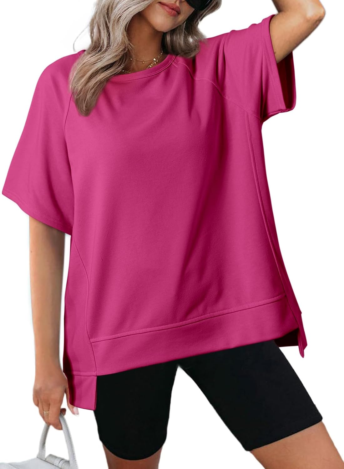 Crewneck Short Sleeve Casual Summer Tops Lightweight Loose High Low Blouse