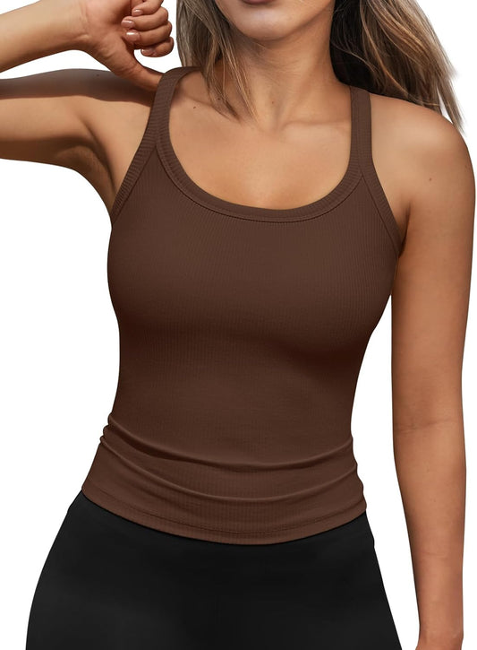 Womens Summer Ribbed Tank Tops Racerback Spaghetti Strap Workout Camisole Top