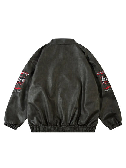 Letter & Racing Car Printed Faux Leather Jacket for Men
