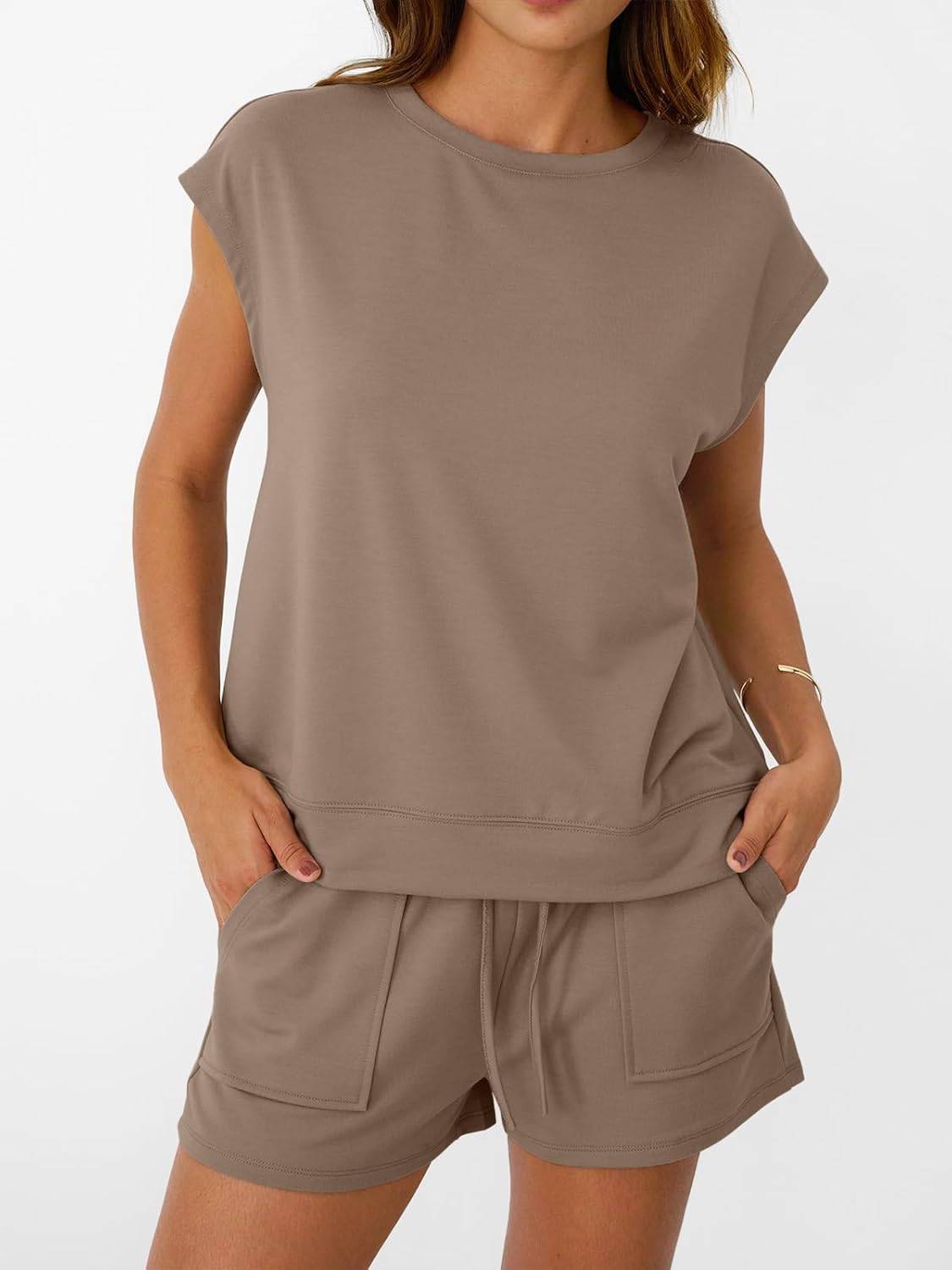 Womens Crew Neck Two Piece short Sets Cap Sleeve Drawstring Sweatsuit with Pocket