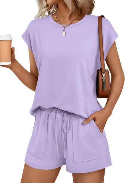 Womens Crew Neck Two Piece short Sets Cap Sleeve Drawstring Sweatsuit with Pocket