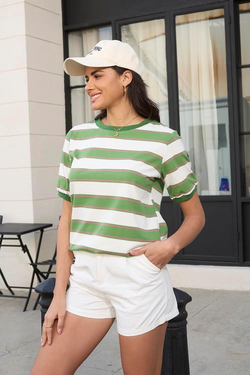Womens Tops Cotton Casual Color Block Striped Short Sleeve Shirts Crewneck T Shirts