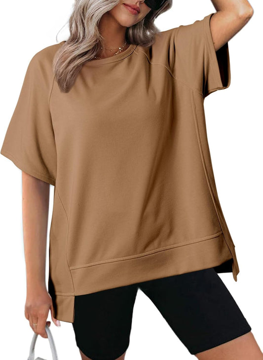 Crewneck Short Sleeve Casual Summer Tops Lightweight Loose High Low Blouse