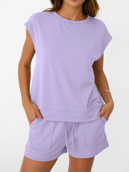 Womens Crew Neck Two Piece short Sets Cap Sleeve Drawstring Sweatsuit with Pocket