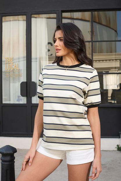 Womens Tops Cotton Casual Color Block Striped Short Sleeve Shirts Crewneck T Shirts