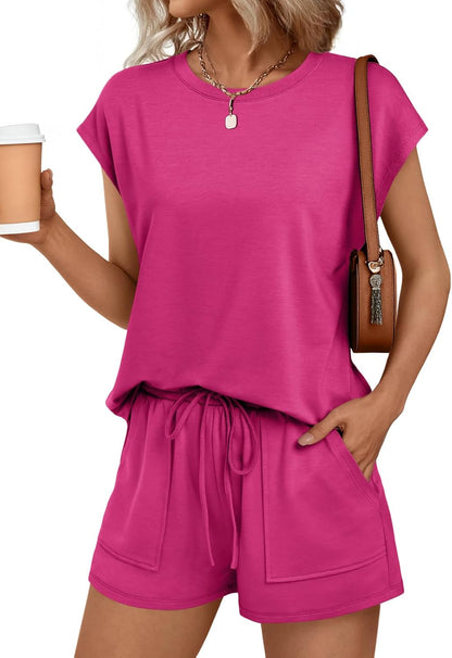 Womens Crew Neck Two Piece short Sets Cap Sleeve Drawstring Sweatsuit with Pocket