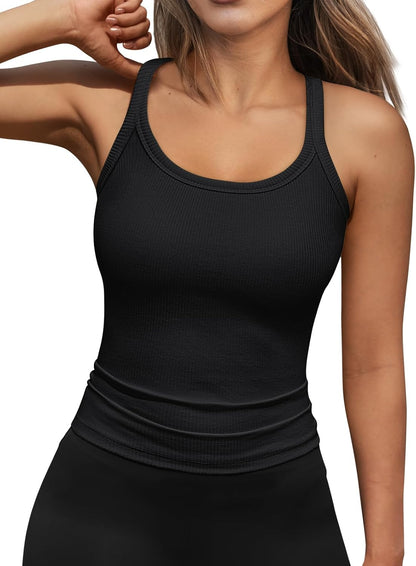 Womens Summer Ribbed Tank Tops Racerback Spaghetti Strap Workout Camisole Top