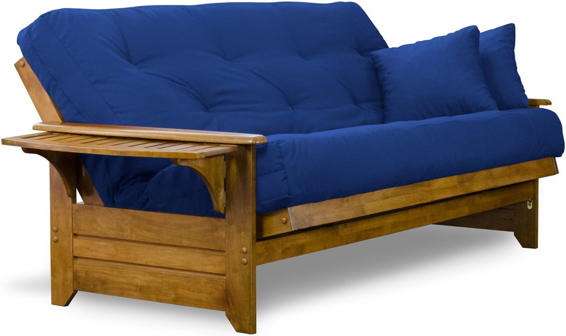 Full Size Wood Futon Frame with Tray Arms and Drawers