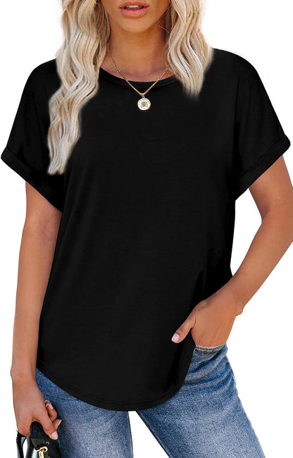Womens T Shirts Crew Neck Rolled Short Sleeve Basic Summer Tees Curved Hem