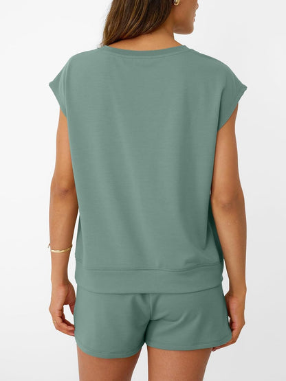 Womens Crew Neck Two Piece short Sets Cap Sleeve Drawstring Sweatsuit with Pocket
