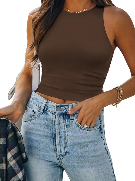 Womens Double Lined Crop Tank Tops Casual Basic Shirts Sleeveless Tops