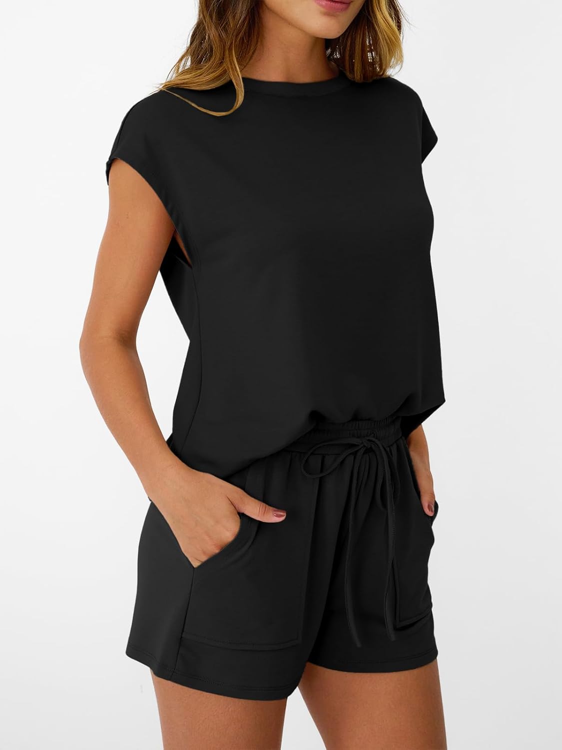 Womens Crew Neck Two Piece short Sets Cap Sleeve Drawstring Sweatsuit with Pocket