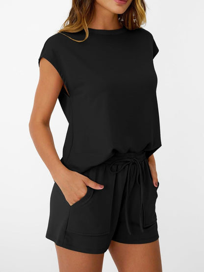 Womens Crew Neck Two Piece short Sets Cap Sleeve Drawstring Sweatsuit with Pocket