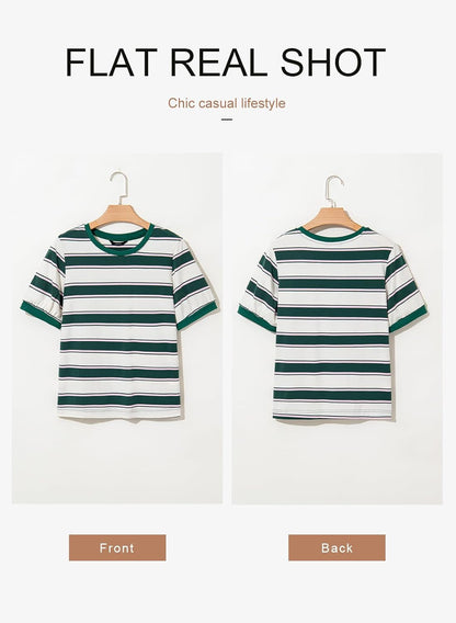Striped Color Block Short Sleeve T-Shirts Crewneck Casual Loose Basic Tee Blouses
