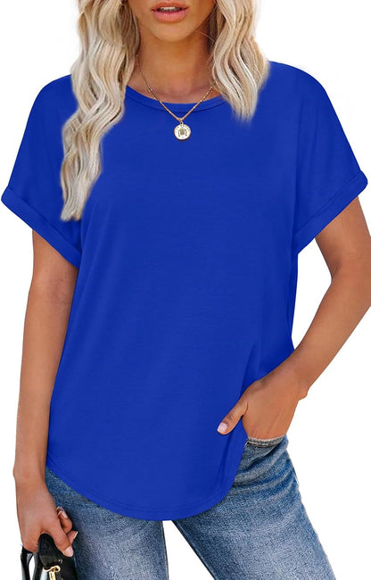 Womens T Shirts Crew Neck Rolled Short Sleeve Basic Summer Tees Curved Hem