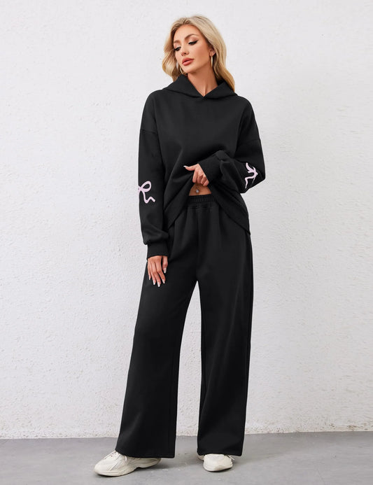 Women's 2 Piece Outfits Bow Trim Print Hoodie Sweatsuit Sets