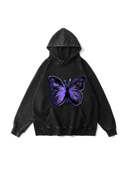 360g Butterflies Back Letter Printed Wash Old Cotton Hoodie