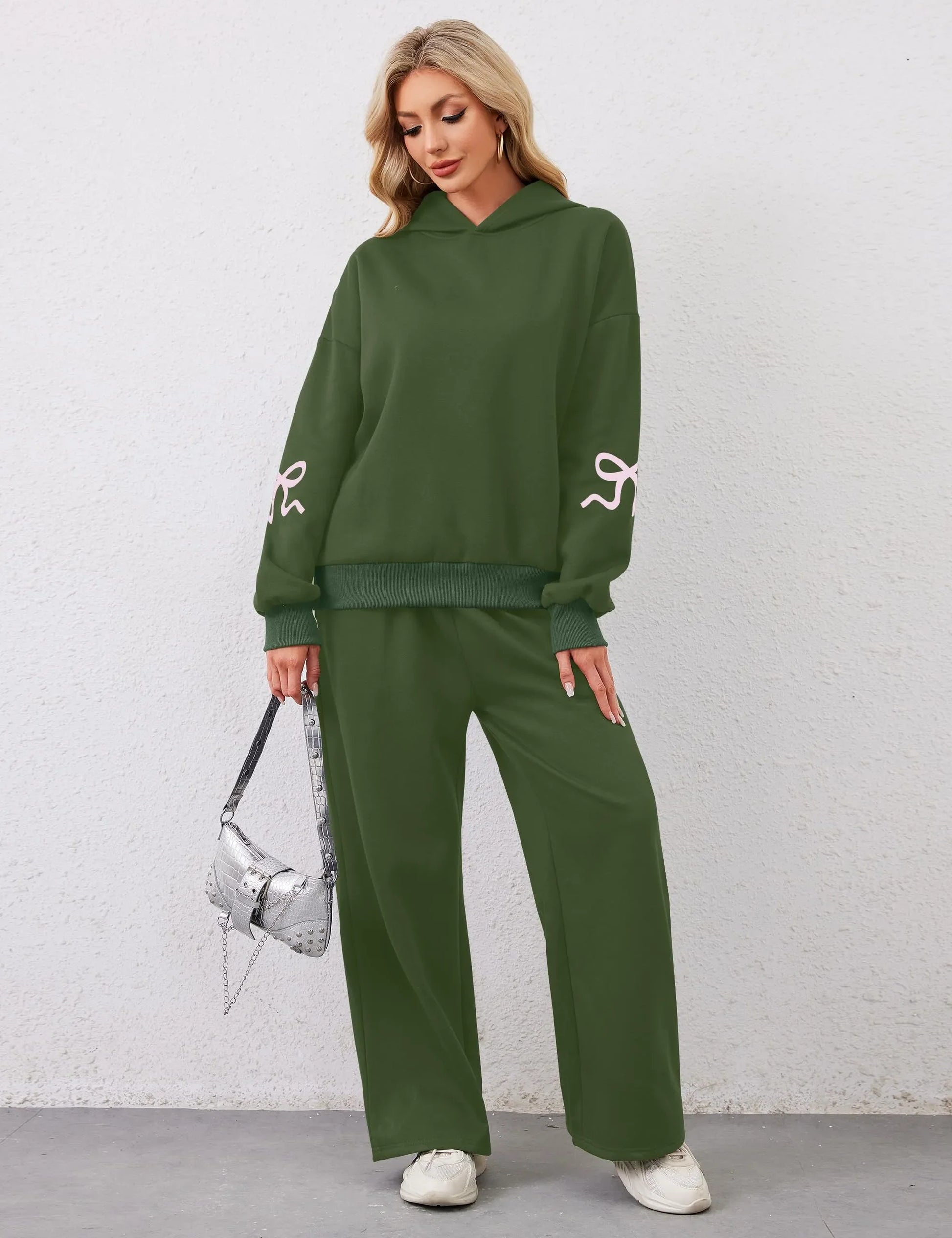 Women's 2 Piece Outfits Bow Trim Print Hoodie Sweatsuit Sets