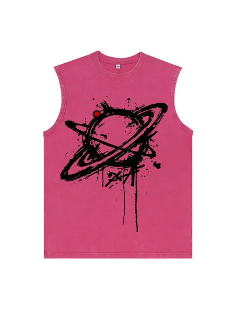 230g Cotton Saturn Printed Sleeveless Wash Old T-shirt