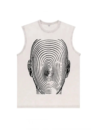 230g Electric Wave Kitty Printed Wash Old Sleeveless T-shirt