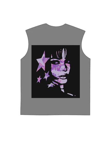 230g Cotton Back Pink Animation Girl Printed Wash Old Sleeveless T-shirt