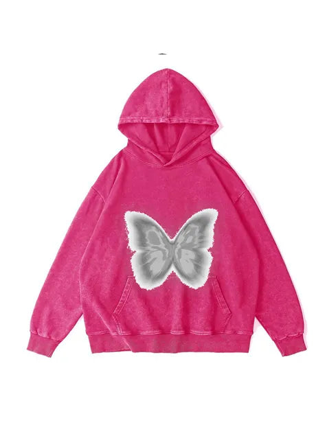 360g Silver Future Butterflies Printed Wash Old Cotton Hoodie